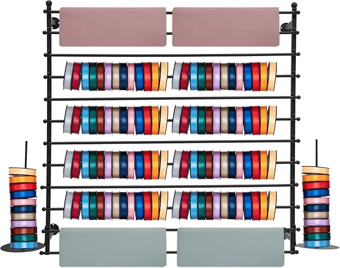 12-Layer Ribbon Holder Organizer Rack Wall Mounted Wrapping Paper Storage Rack Ribbon Dispenser Holder Wrapping Station Display Racks for Craft Room Florist Cake Shop(Black)