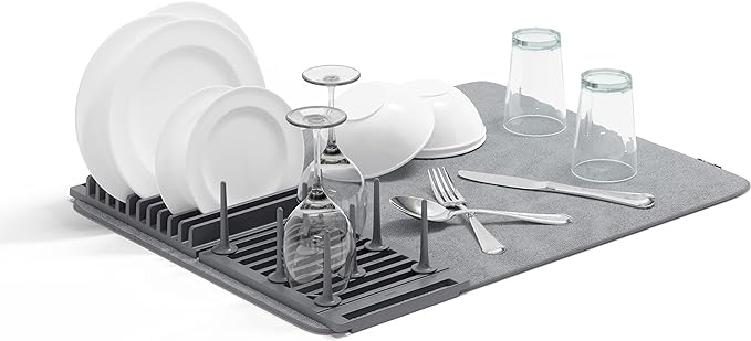 Umbra Udry Dish Rack with Movable Pegs and Microfiber Drying Mat – Space-Saving Design Folds Up for Easy Storage, Basic Rack, Dark Grey