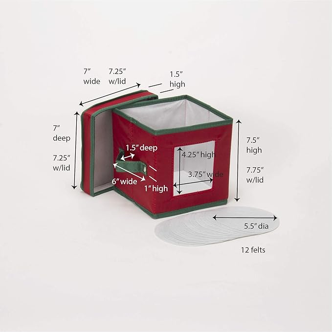 Household Essentials 530RED Holiday China Storage Chest with Lid and Handles | Storage Bin for Small Saucer Plates | Red Canvas with Green Trim