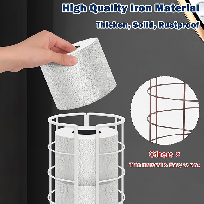 NearMoon Toilet Paper Organizer Stand, Free Standing 3 Rolls Tissue Storage, Metal Bathroom Accessory, Rustproof Toilet Roll Holder for Kitchen Countertop Inside Cabinet Shelf(Metal Base, White)