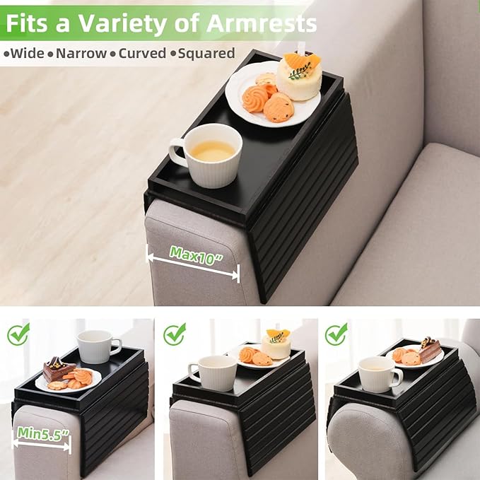 Bamboo Sofa Arm Tray with 2Pcs Cup Mats, Foldable Sofa Armrest Tray Side Table, Anti-Dropping Couch Armrest Table Cup Holder for Eats Drinks Snacks Remote Cellphone Cup Holder(Black)