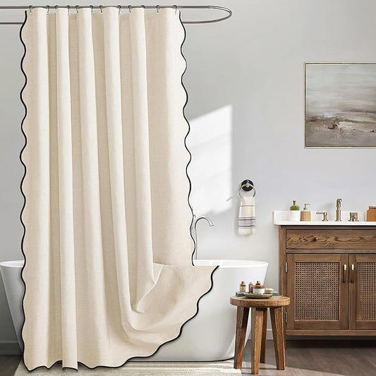 MIULEE 80" Long Scalloped Shower Curtain Linen Textured with 12 Metal Hooks Cute Extra Long Heavy Duty Washable Waterproof Cloth Shower Curtains with Black Border for Bathroom Hotel Bathtub,Ivory