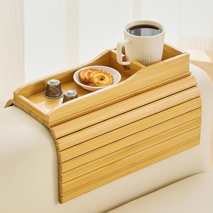 Bamboo Couch Cup Holder Arm Tray Table，Couch Drink Holder，Sofa Cup Holder Armrest Tray，Anti-Slip Foldable Arm Chair Table Tray Recliners for Drink,Cups, Snacks, Phone, Remote