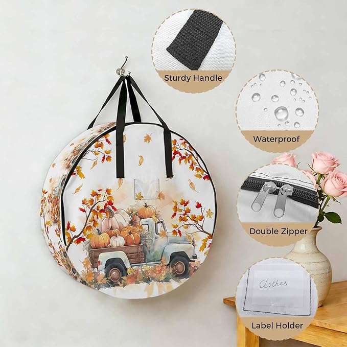 Thanksgiving Pumpkin Round Storage Bag 30 Inch, Truck Fall Maple Leaves Clothes Storage Container with Handles Heavy Duty Organizer for Comforter, Bedding & Holiday Wreaths