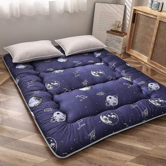 MAXYOYO Navy Space Adventure Japanese Floor Futon Mattress, Thicken Tatami Mat Sleeping Pad Foldable Roll Up Mattress Floor Lounger Couches and Sofas for Kids Full Size