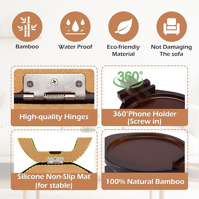 SINWANT Couch Arm Table, Bamboo Round Sofa Clip on Tray with 360° Phone Holder,Foldable Couch Armrest Table Eating on Chair Recliner for Snack Drink
