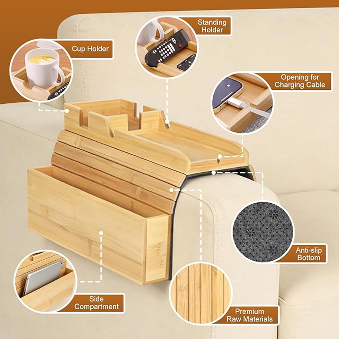 Bamboo Couch Armrest Table Foldable Sofa Arm Tray with Storage, Anti-Slip Cup Holder & Coaster, Splash-Proof Remote Holder for Snacks Phones Tablets TV Tray Couch Caddy Fits Armrests 4.5” and Wider