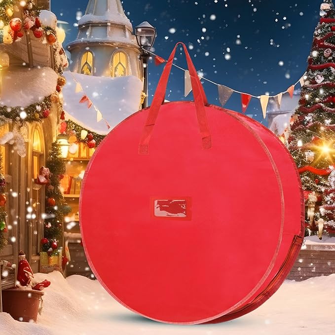 YAYODS 4 Pack Wreath Storage Container 36 Inch Christmas Wreath Storage Bag, 420D Oxford Wreath Holder with Zipper and Handles for Xmas Holiday, Decorations (Red)