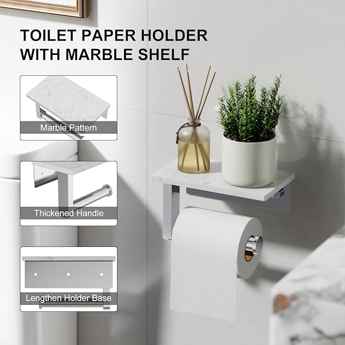 Toilet Paper Holder with Marble Shelf, 304 Stainless Steel Tissue Hand Holder Wall Mounted Toilet Paper Roll Hold with Phone Shelf for Bathroom Kitchen Washroom Bedroom, Chrome