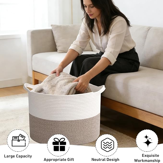 65L Large Woven Cotton Rope Blanket Basket with Handles, Laundry Hamper Storage Bin for Pillows, Clothes, Bedroom and Living Room Organization, White & Brown