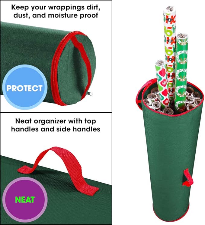 Primode Wrapping Paper Storage Bag | Wrapping Paper Organizer Under Bed for Storing Multiple Rolls of Gift Wrap, 40” Length Container Constructed of Durable 600D Oxford Material (Green)