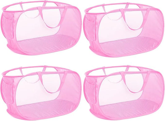 4 Pcs Durable Collapsible Laundry Baskets, Foldable Large Opening Pop Up Laundry Hamper with Pocket, Clothes Hamper with Handles for Laundry, Bathroom, Kids Room, Dorm or Travel Pink