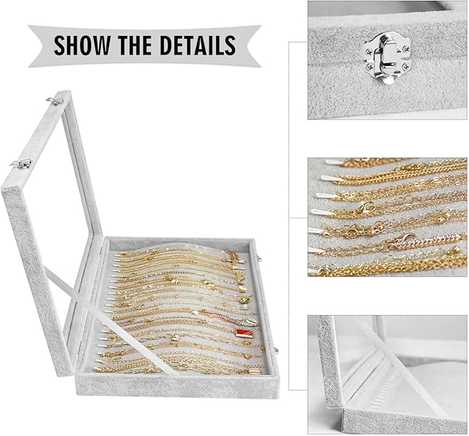 Siveit Necklace Organizer Box Premium 20 Hooks Necklace Display Jewelry Tray with Transparent Lid Jewelry Necklace Display Box for Necklace Pendants Suitable for Women and Girls (Grey)