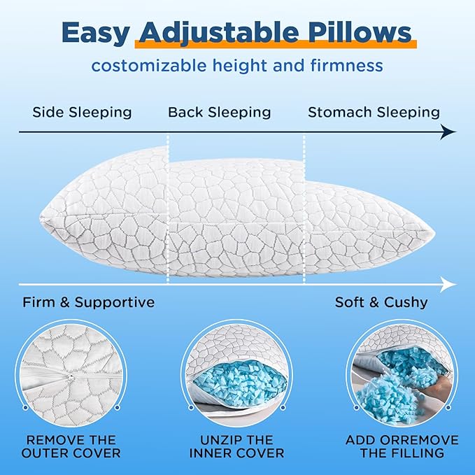 Cooling Pillow Queen Size Set of 2, Adjustable Shredded Memory Foam Pillows, Luxury Bed Pillows for Sleeping 2 Pack,Soft Yet Supportive Firm Pillow for Side,Back,Stomach Sleepers,Gifts for Hot Sleeper