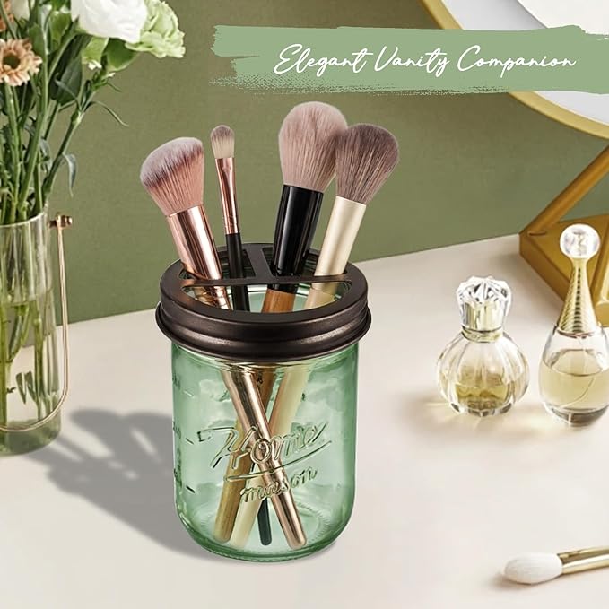 SheeChung Mason Jar Toothbrush Holder, Green Glass Toothbrush Holder for Bathroom Countertop Organizer, Stainless Steel Lid, Electric Toothbrush Toothpaste Holder Storage, Bronze Bathroom Accessories