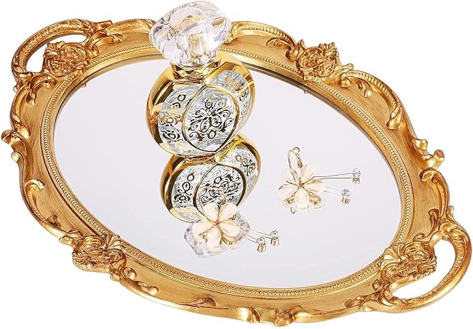 Zosenley Polyresin Ellipse Antique Decorative Mirror Tray, Makeup Organizer, Jewelry Organizer, Serving Tray, 9.8”x 14.6”, Gold