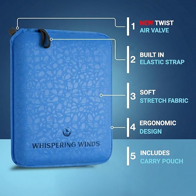 Whispering Winds Inflatable Seat Cushion - Comfortable Blow-up Foam Pad for Airplane, Travel, Stadium, Outdoors, Camping, Car & More