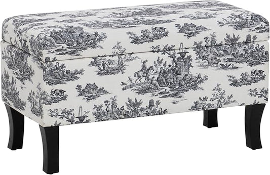 Linon Stephanie Black and White Toile Fully Upholstered Bench with Hidden Interior Storage