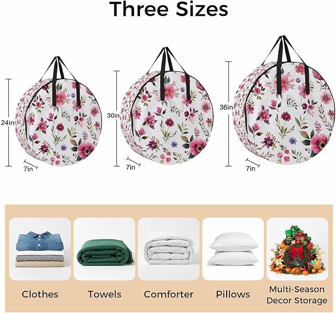 Spring Flowers Round Storage Bag 24 Inch, Pink Wildflowers Leaf Watercolor Floral Plants Clothes Storage Container with Handles Heavy Duty Organizer for Comforter, Bedding & Holiday Wreaths