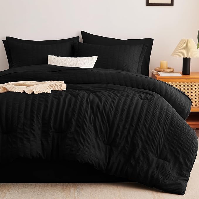 CozyLux Twin XL Comforter Set with Sheets Seersucker Black 5 Pieces Bed in a Bag, Twin Extra Long Luxury Soft Bedding Sets for College Dorm with Down Alternative Comforter, Sheets, Pillowcase & Sham