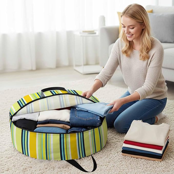 Storage Bag Yellow Stripes Round Storage Totes Bins Closet Organizers with Zippers & Handle Boho Style Lines Striped Clothes Storage Container for Bedroom Dorm Space Saving Packing Supplies Bags