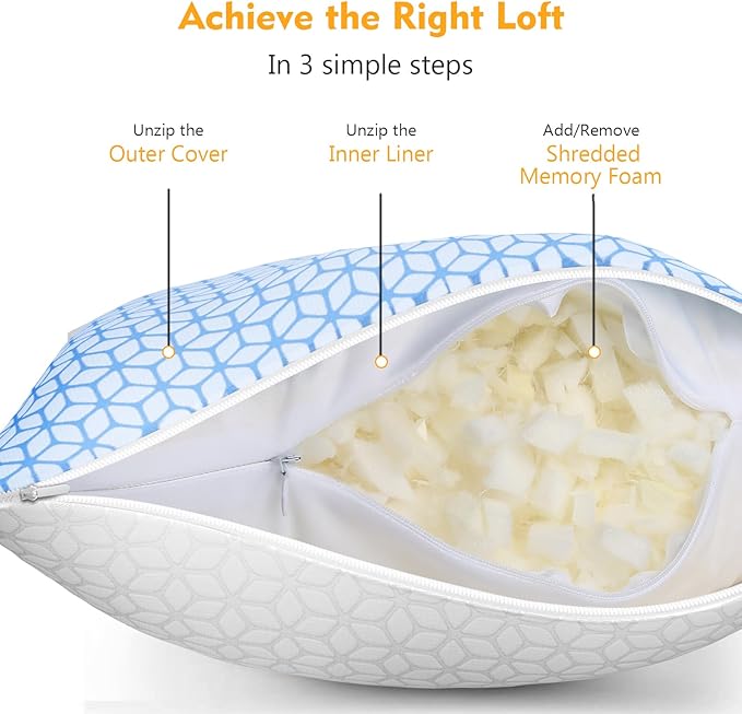 Love Attitude Bed Pillow King Size 1 Pack, Shredded Memory Foam Pillow Adjustable, Cooling Pillow Soft and Supportive for Side Back Stomach Sleepers