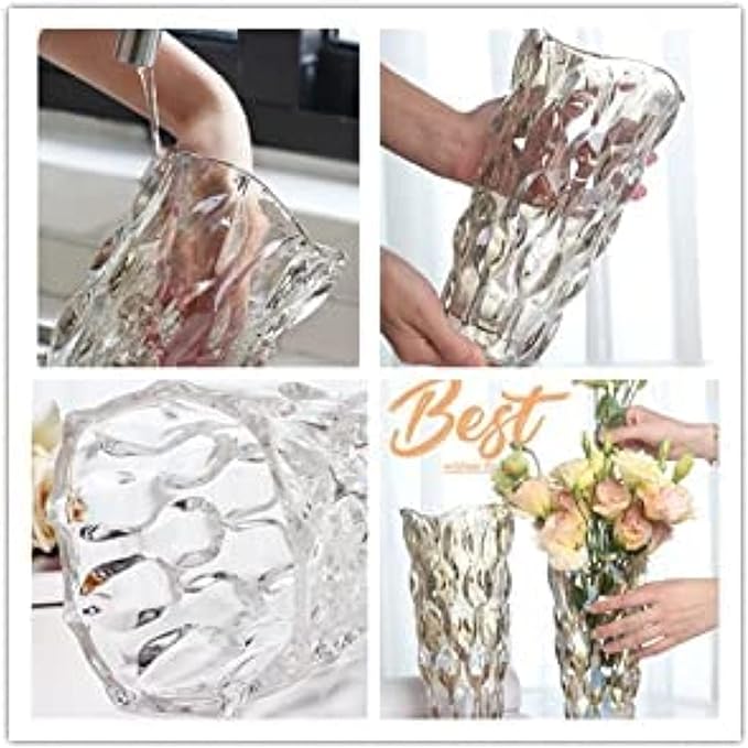 Unbreakable Flower Glass Vase 3.5lb 9.5inch Transparent vase Bohemian Style, for Centerpieces,Kitchen,Office, Living Room,Wedding,Perfect Home Decor Glass Vase (Transparent)