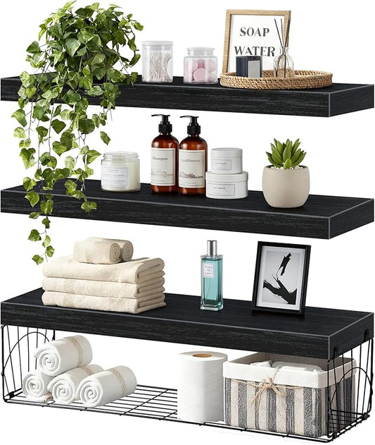 3 Pack Bathroom Shelves 24 inches Long Over Toilet, Wall Mounted Rustic Wood Floating Shelves for Bathroom, Toilet Paper Storage, Small Farmhouse Decor Hanging Shelf for Living Room, Kitchen, Black