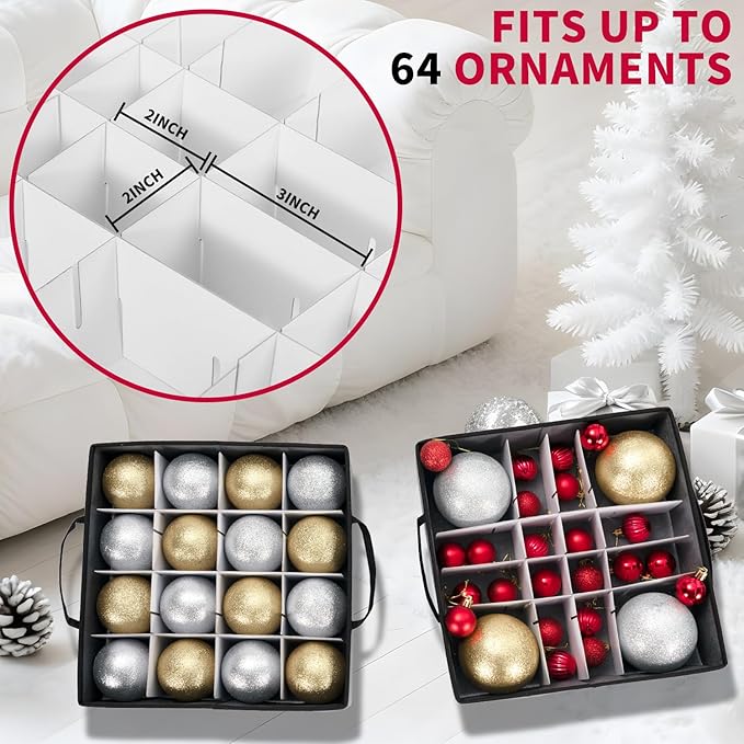 DIMESHY Christmas Ornament Storage Box With Adjustable Dividers,Ornament Storage Container With 4 Removable Trays for 64 Holiday Decorations,Gray