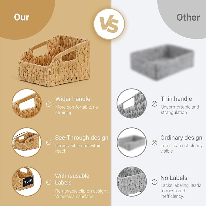Wicker Baskets for Organizing, Pantry Baskets with Built-in Handles, Handwoven Wicker Storage Basket, Water Hyacinth Storage Bins for Shelves, Small - 2pcs, Natural