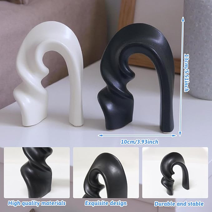Zerzsy 2 Pack Ceramic Statues Figurine Decor, Modern Abstract Sculpture for Living Room Bedroom Bookshelf Coffee Table Display, Unique Gift Home Decor - Black White