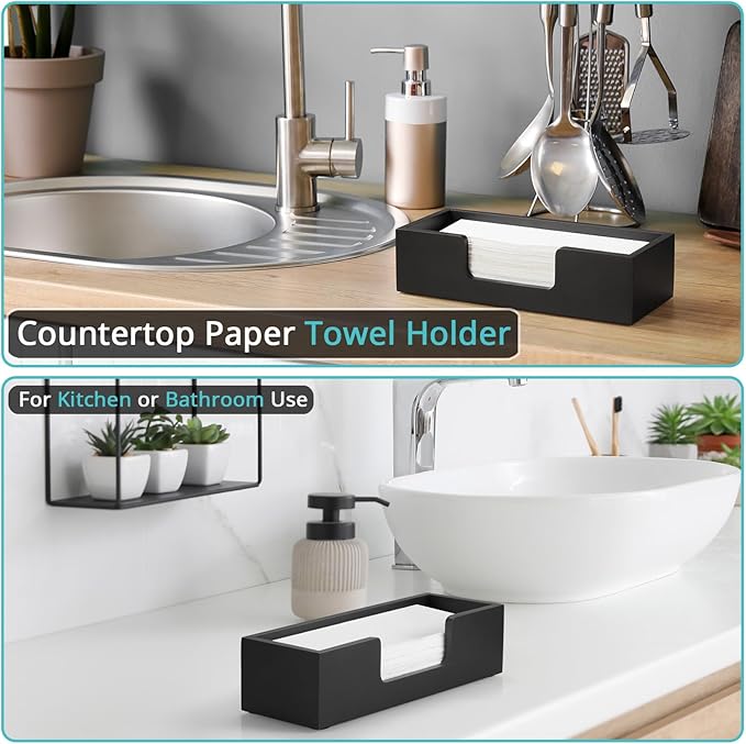 Paper Towel Dispenser Countertop, Wood Bathroom Paper Towel Holder, Black Napkin Holder for Kitchen, Countertop Multifold C-Fold, Z-Fold, Trifold Paper Hand Towel Dispenser for Toilet, Black
