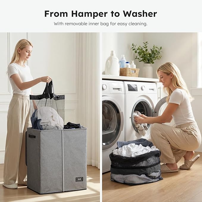 SOLEDI Double Laundry Hamper with Lid and Removable bag, Large Laundry Basket 2 Section with handles, Collapsible Dirty Clothes Hampers for Laundry, Bedroom, Dorm, College