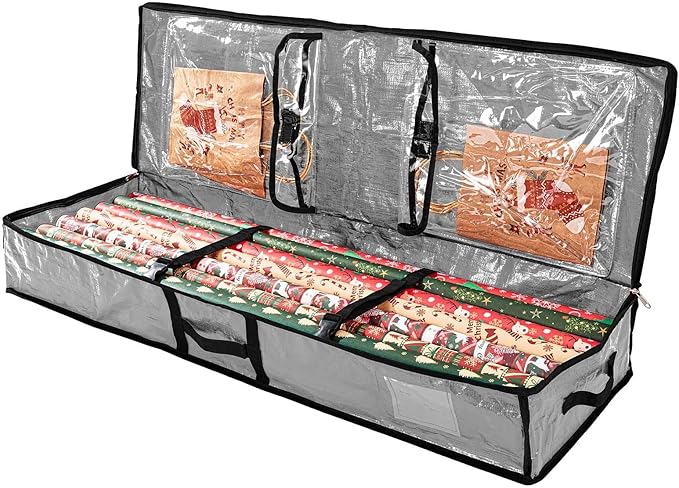 Wrapping Paper Organizer Storage Container,Christmas Storage Organizer,Xmas Gift Wrap Organizer With Pockets,Under Bed Storage Bag,Supplies Pockets for Xmas Accessories (Grey)