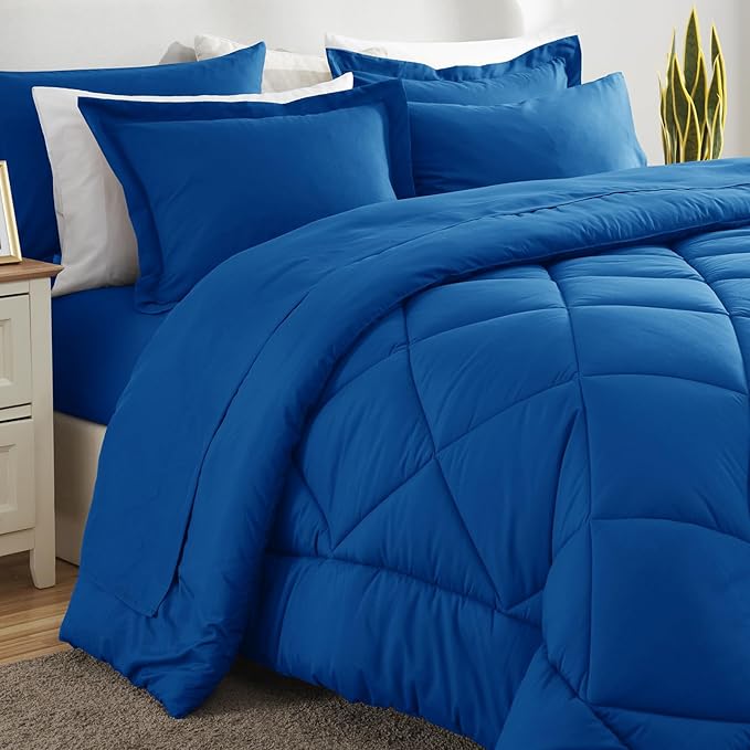 CozyLux Queen Comforter Set Classic Blue - Bed in a Bag Queen Size 7 Pieces, Luxury Soft Bed Set for All Seasons, Bedding Set with Down Alternative Comforter, Sheets, Pillowcases & Shams