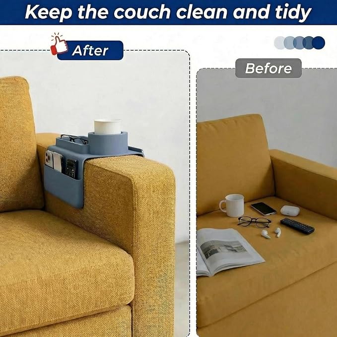 Silicone Couch Cup Holder Tray, 3-Side Sofa Armrest Organizer with Secure Gear-Shaped Locking Holder & Large Tablet Slot, Non-Slip Weighted Armchair Caddy, Couch Accessories (Grey)