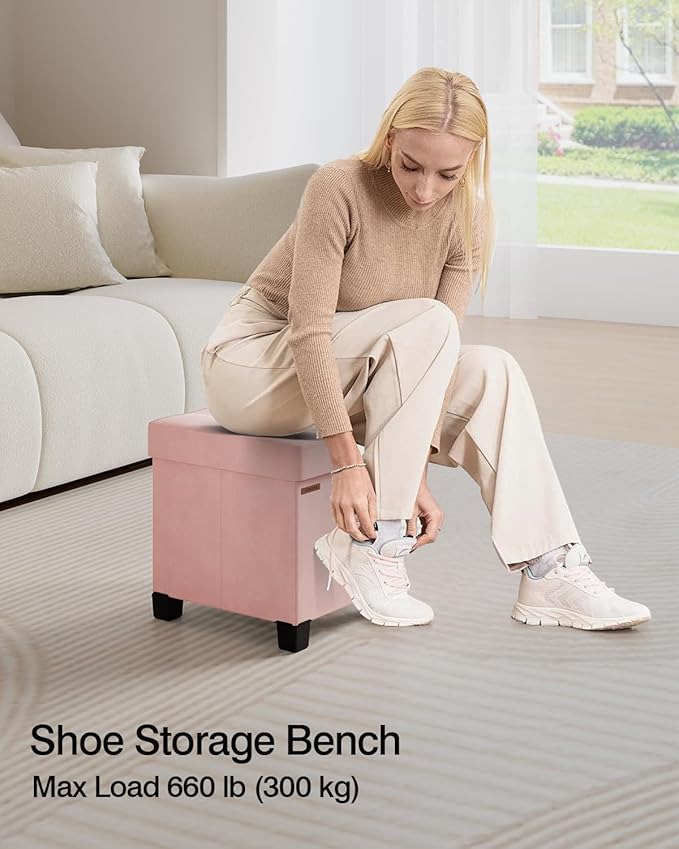 ABHENG Cube Storage Ottoman, Velvet Foot Stool with Feet, Folding Storage Bench, End of Bed Bench, Chest, for Living Room, Bedroom and Office, 15 x 15 x 15.7 Inches, Jelly Pink, ASND22P