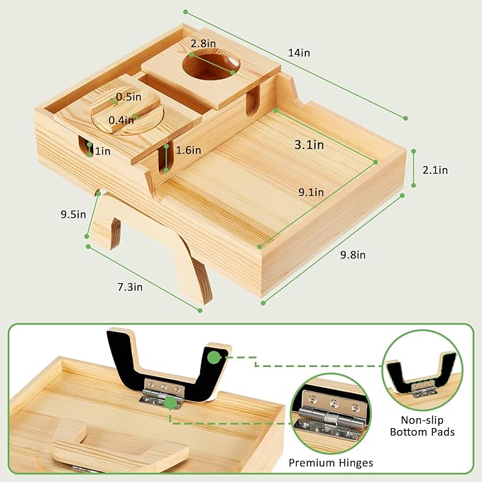 Couch Armrest Table, Sofa Arm Tray with Cup Holder w/360° Rotated Phone Holder, Pine Wood Sofa Arm Clip-On Side Table for Drink Snack Remote Holder