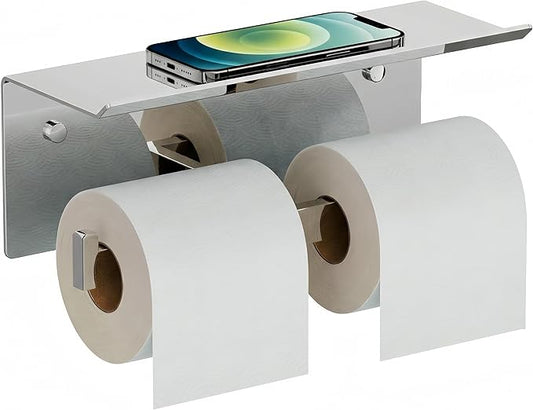 FORIOUS Toilet Paper Holder with Shelf, 304 Stainless Steel Wall Mount Commercial Toilet Paper Dispenser, Double Tissue Roll Holder for Bathroom, Chrome