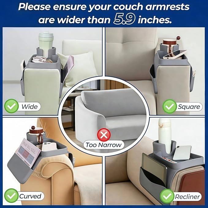 Silicone Couch Cup Holder Tray, 3-Side Sofa Armrest Organizer with Secure Gear-Shaped Locking Holder & Large Tablet Slot, Non-Slip Weighted Armchair Caddy, Couch Accessories (Grey)