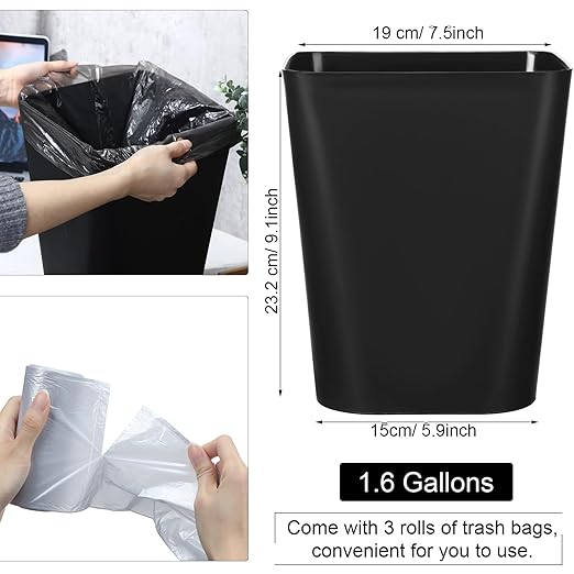 Eccliy 6 Pack 1.6 Gallons Trash Can Small Bathroom Plastic Trash Can with 3 Rolls of Bags for Bedroom Home Office Living Room Kitchen(Black,6)
