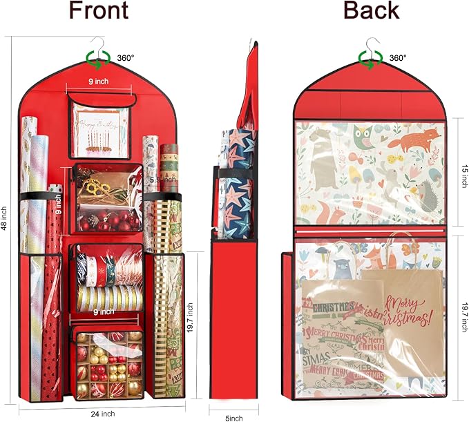 Woodoulogy Hanging Gift Wrapping Paper Storage, 48x24 (Extra Large) Red Double-Sided Christmas Wrapper Bag Container, Oxford Long Craft Roll Organizer, Present Wrap Holder for Closet, Door