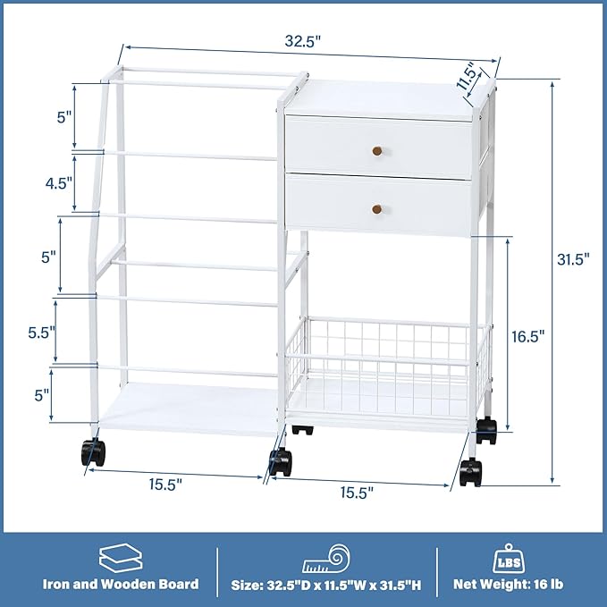 TC-HOMENY Wrapping Paper Organizer Storage Cart,Ribbon Organizer and Gift Wrap Rack with 2 Large Drawers, Blueprint Poster Holder, Craft Organizer, Christmas Paper Storage Containers with Wheels