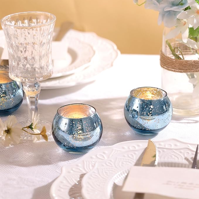 LAMORGIFT 12 Pcs Blue Votive Candle Holders- Blue Centerpieces for Tables, Round Mercury Glass Candle Holder for Bridal Shower Decorations, Wedding Decor