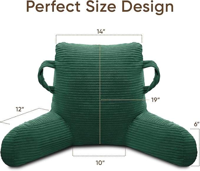 Reading Pillow for Sitting in Bed Adult, Bed Reading Pillow with Shredded Memory Foam, Back Pillow for Sitting with Arms and Pockets, Green