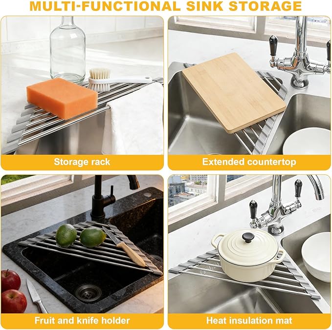 Triangle Roll Up Dish Drying Rack, Over The Sink Dish Drying Rack, Stainless Steel Sink Caddy for Top of Sink, Foldable Anti-Slip Kitchen Sink Organizer Space Saving Corner Drainer
