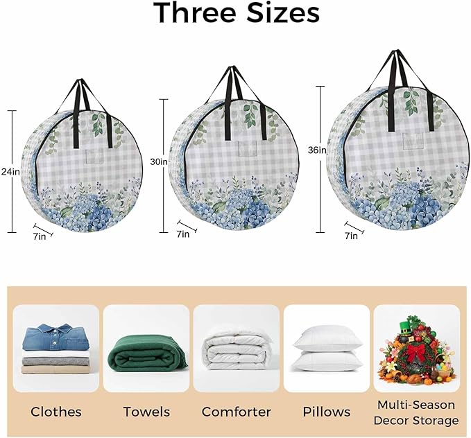 Storage Bag Blue Hydrangea Round Storage Totes Bins Closet Organizers with Zippers & Handle Green Eucalyptus Leaves Grey Plaid Clothes Storage Container for Bedroom Dorm Space Saving Packing Supplies