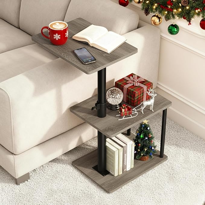 Faesun Swivel Side Table for Couch Arm, Height Adjustable C Table for Recliner or Bed, Tv Trays with Storage Shelf for Small Spaces- Small Nightstand Table for Living Room, Bedroom