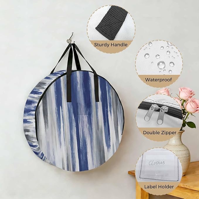 24 Inch Round Storage Bag 1 Pack,Watercolor Blue Grey Oil Painting Art Waterproof Wreath Storage Container with Handles&Zipper Modern Abstract Closet Organizer Bags Garland Box