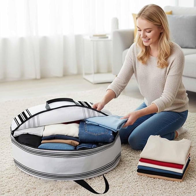 Storage Bag Black White Striped Round Storage Totes Bins Closet Organizers with Zippers & Handle Farmhouse Striped Clothes Storage Container for Bedroom Dorm Space Saving Packing Supplies Moving Bags